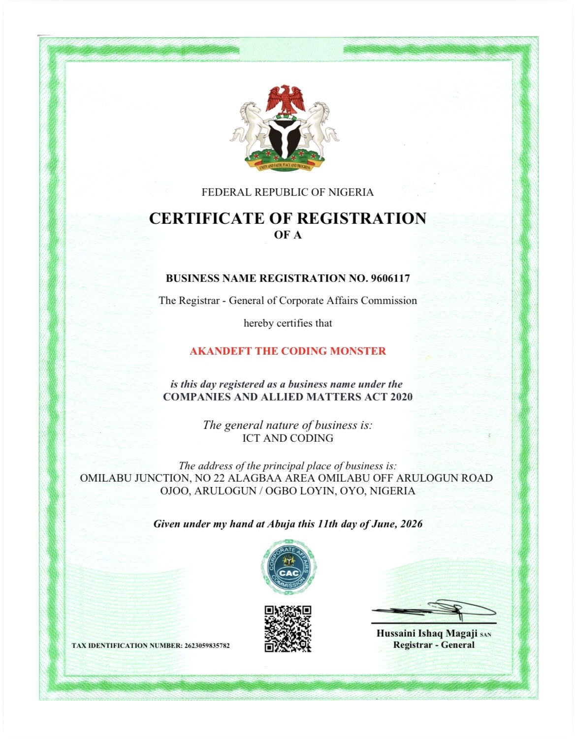 AKANDEFT CAC Certificate of Registration - Registration No. 9606117